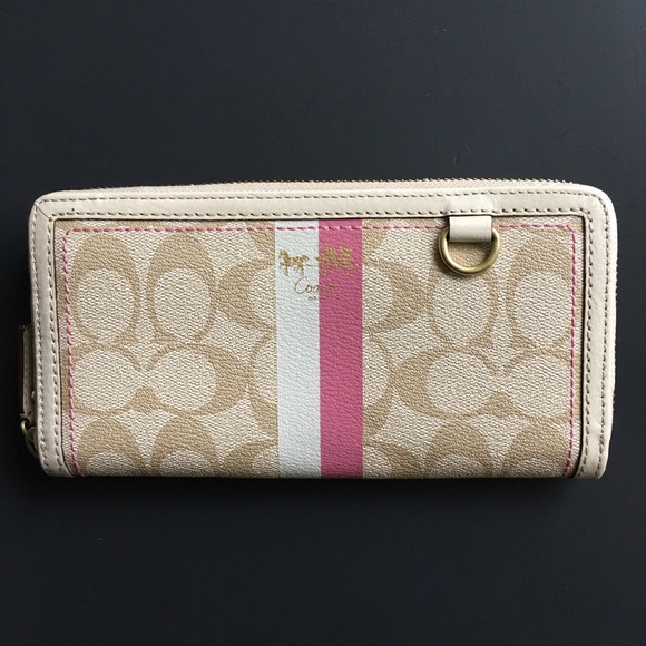 Coach Handbags - Coach Heritage Accordion Wallet Stripe Signature Tan Pink Monogram Canvas Zip